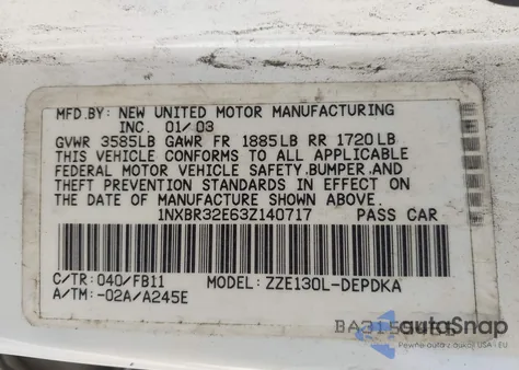 2003 Toyota Corolla Ce из США, поврежденный, VIN 1NXBR32E63Z140717